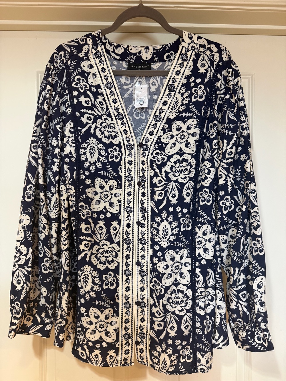Lane Bryant Navy and White Floral V-Neck Blouse